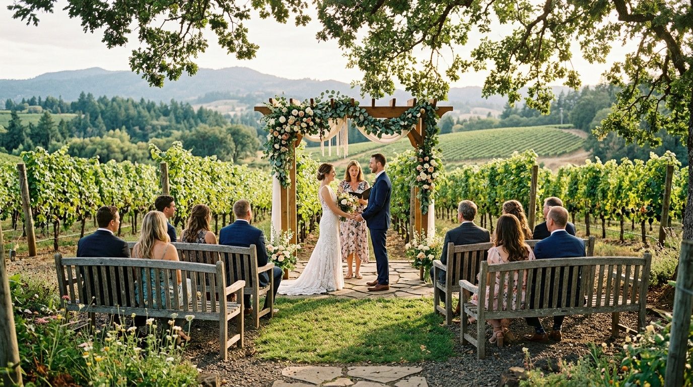 Couple exchanges vows at an outdoor vineyard wedding ceremony under a floral arch with guests seated among lush grapevines.