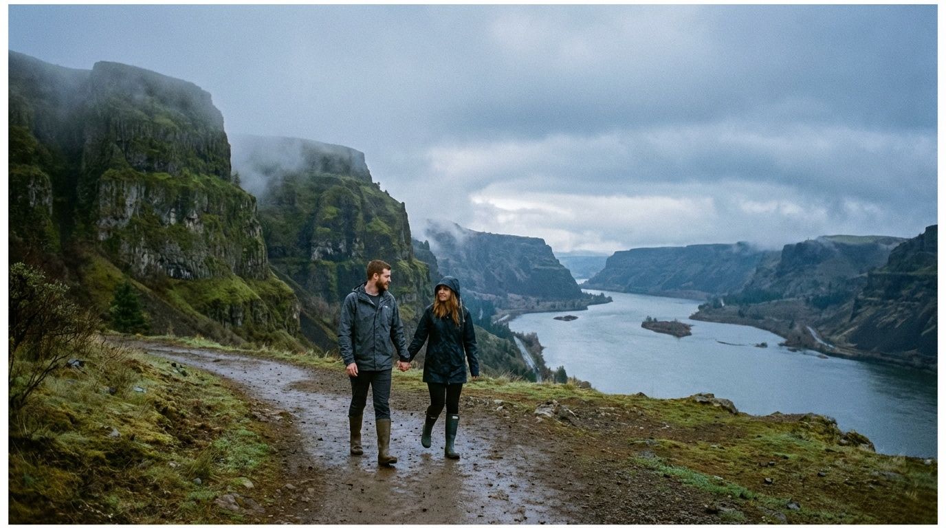 Couple walking on a scenic cliffside trail overlooking a misty river canyon with dramatic rocky cliffs.