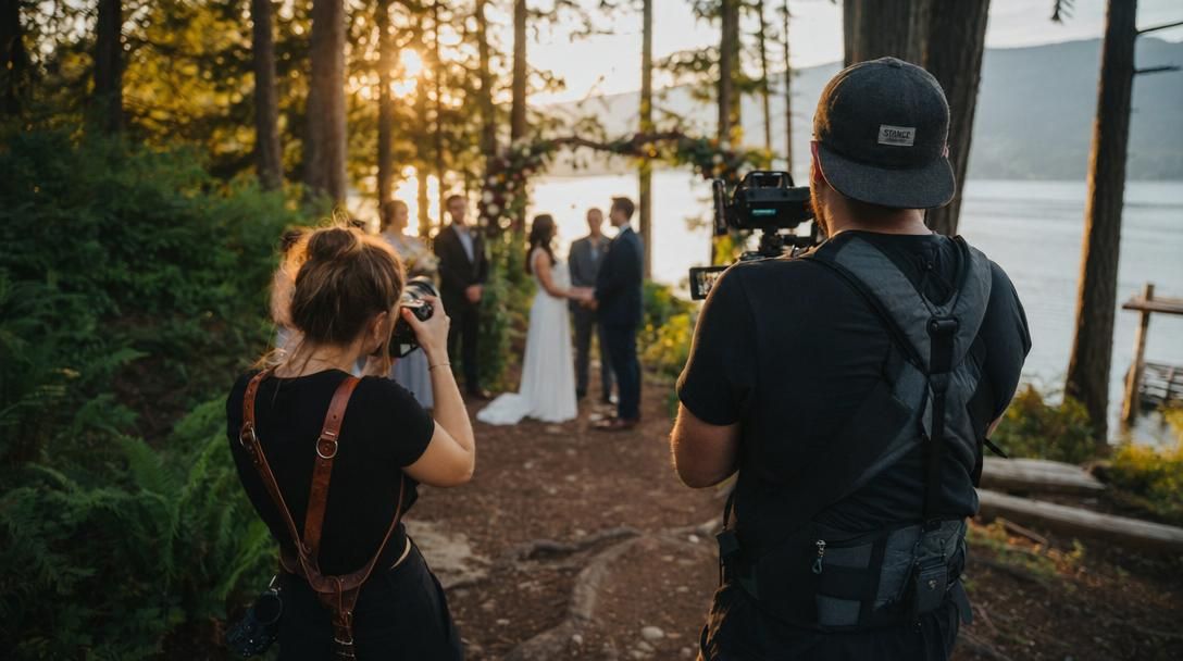 Photographers capturing an outdoor wedding ceremony in a forest by a lake at golden hour sunset.