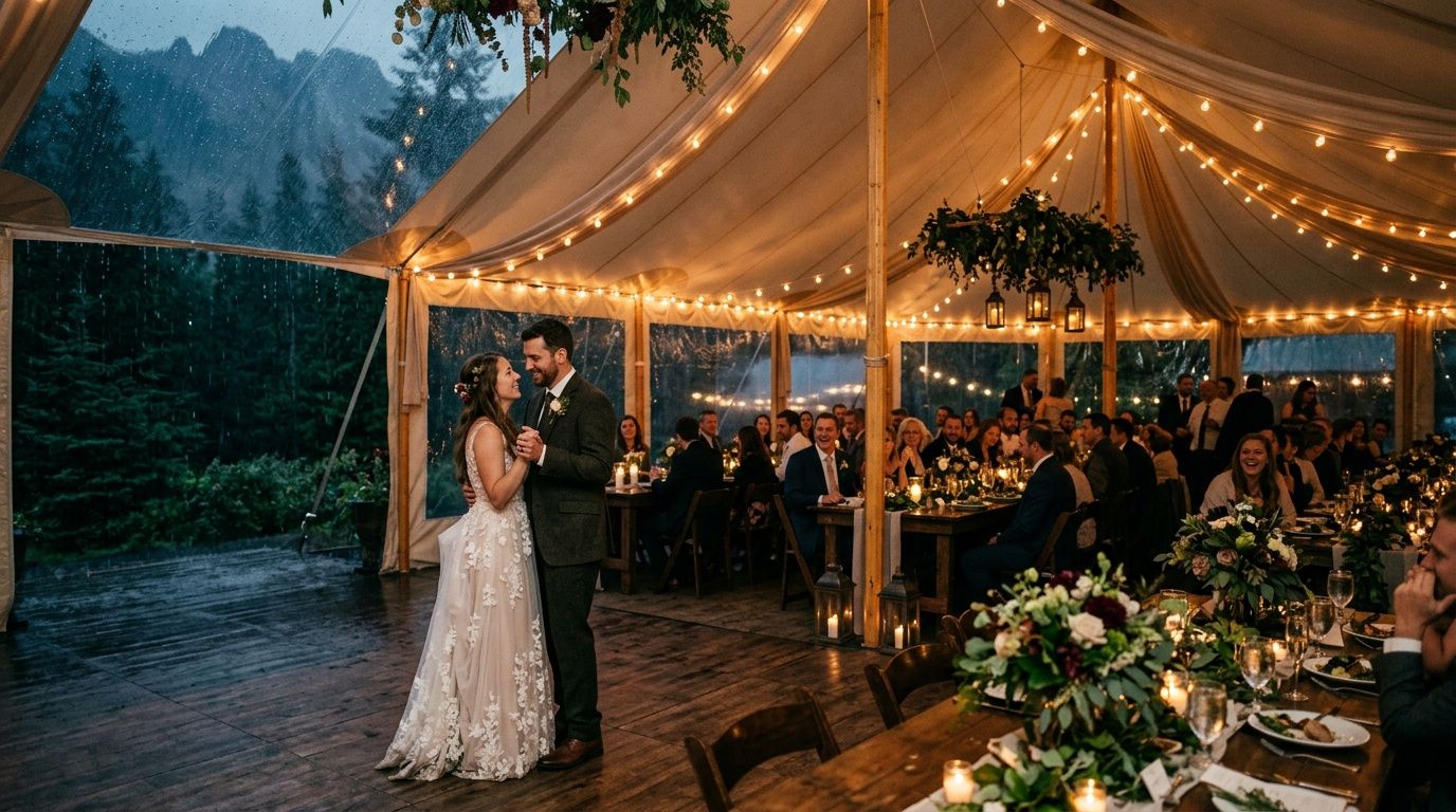 Couple shares first dance under string lights in elegant outdoor wedding tent with mountain backdrop and seated guests.
