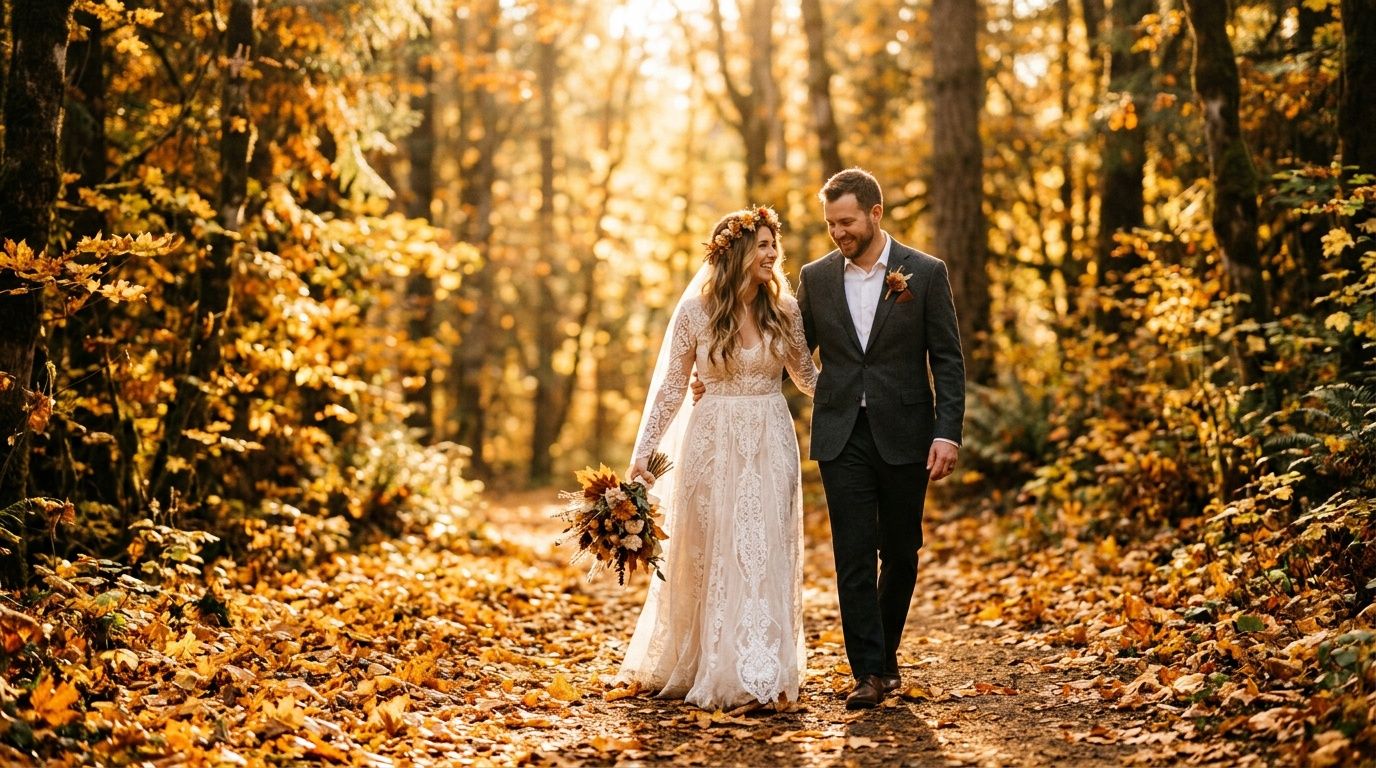 Bride and groom walk hand-in-hand on a sunlit forest path surrounded by vibrant golden autumn foliage.