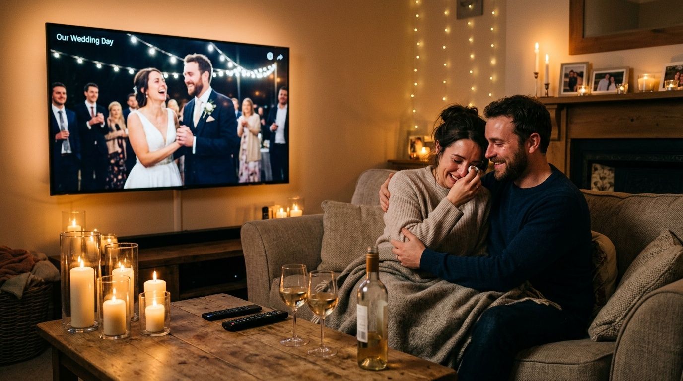 Couple watching wedding video on TV, surrounded by candles and wine, sharing a cozy romantic evening at home.