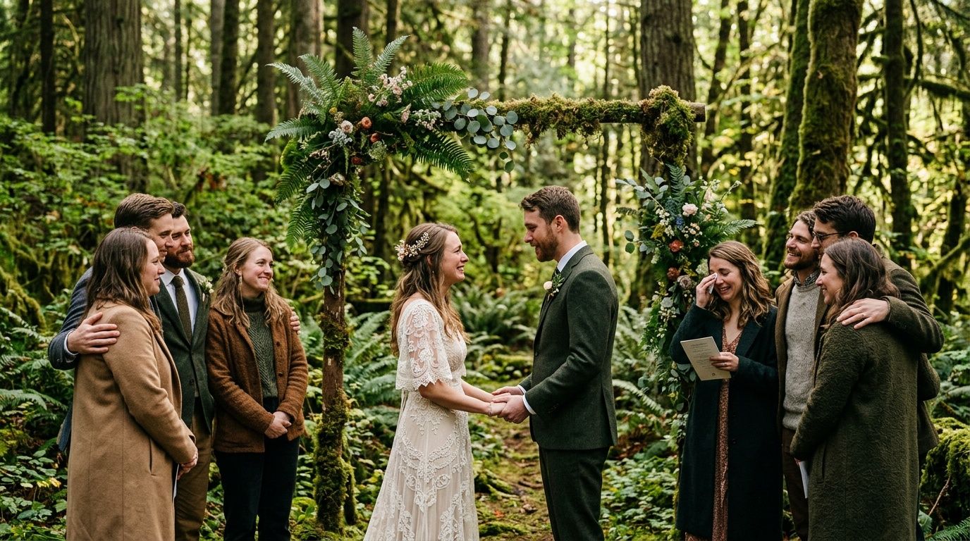 Couple exchanges vows in an intimate outdoor forest wedding ceremony surrounded by lush greenery and close friends.