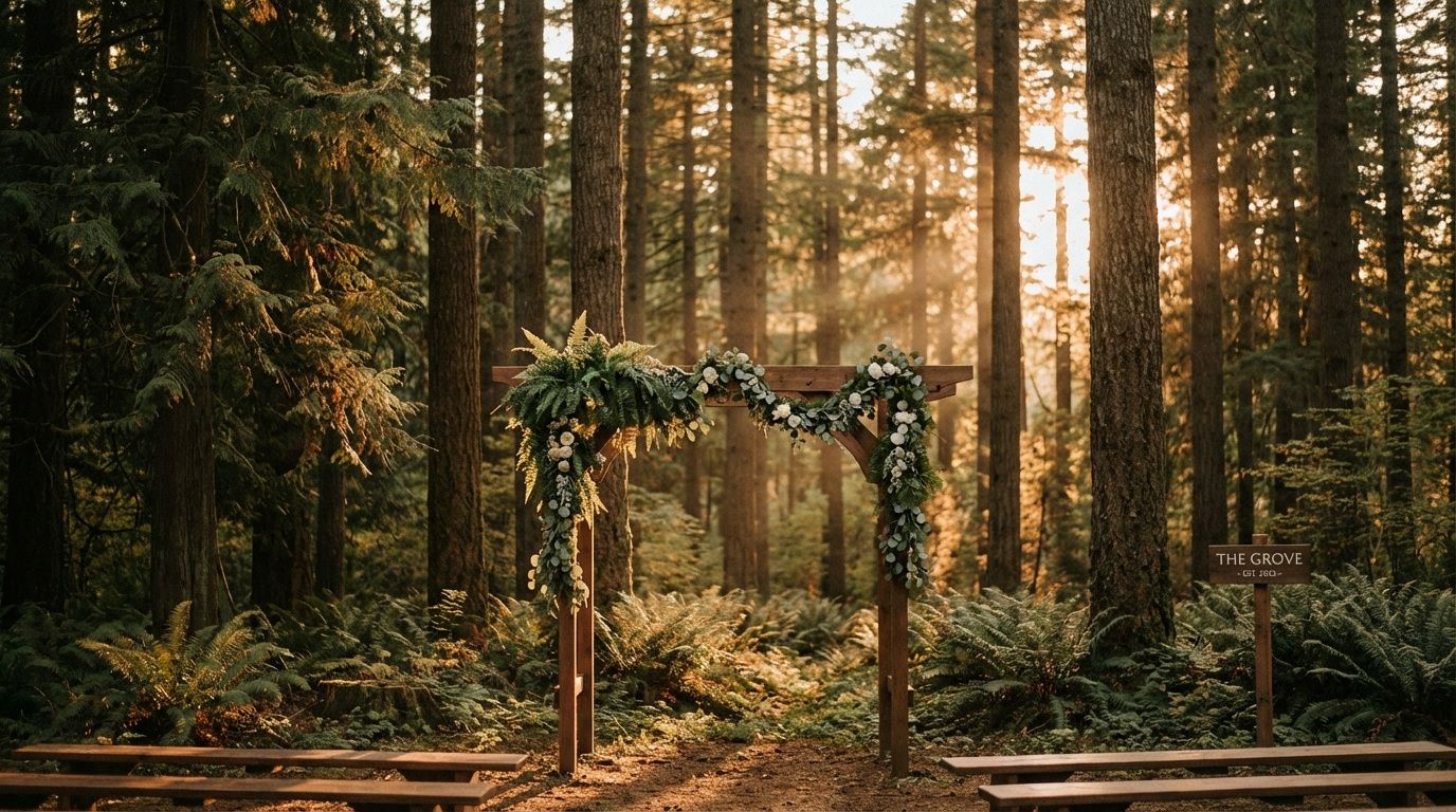 Sunlit forest wedding arch adorned with lush greenery and ferns among tall redwood trees.