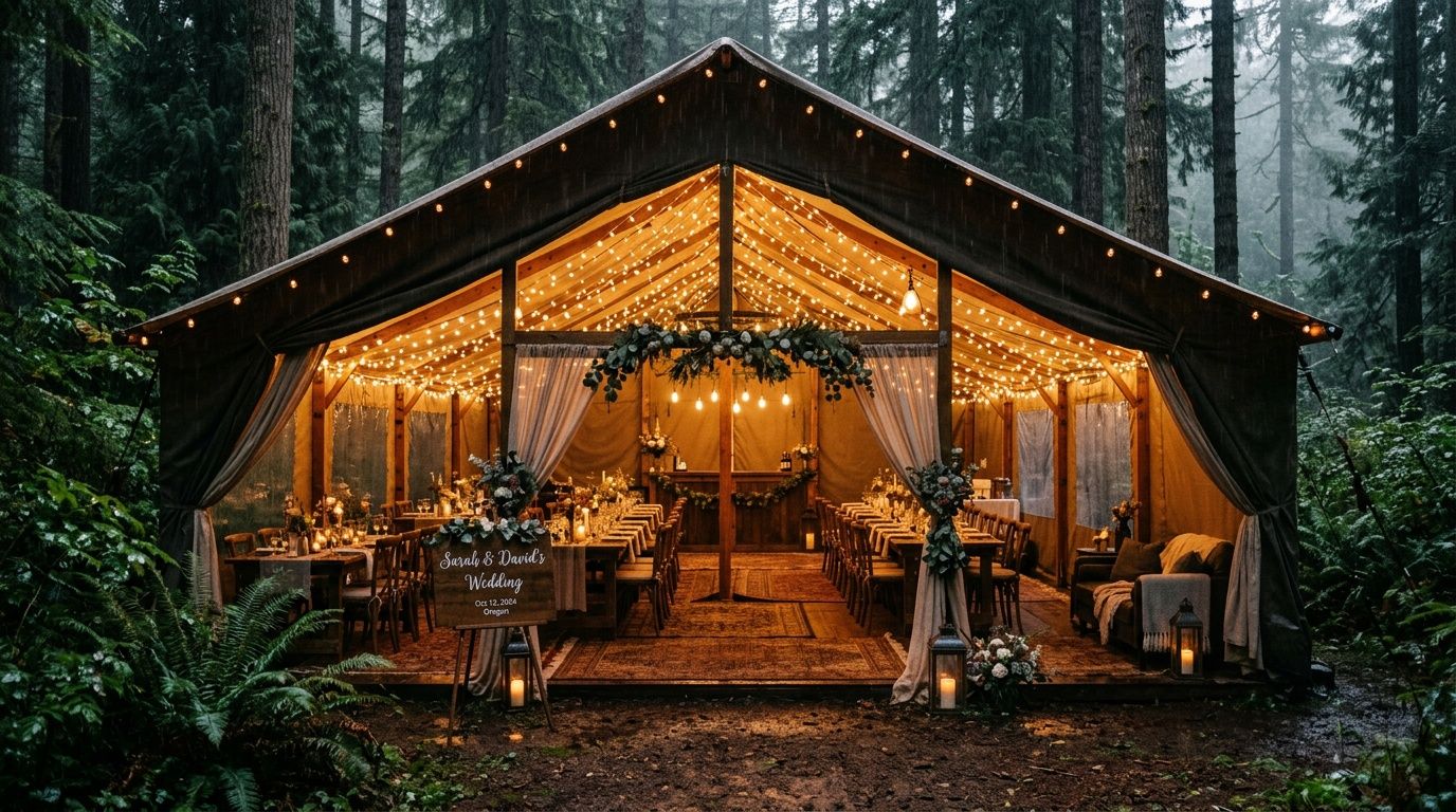 Elegant outdoor wedding tent adorned with warm string lights nestled in a misty forest setting.