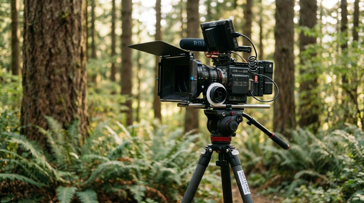 A professional video camera on a tripod set up in a lush green forest surrounded by ferns and tall trees.