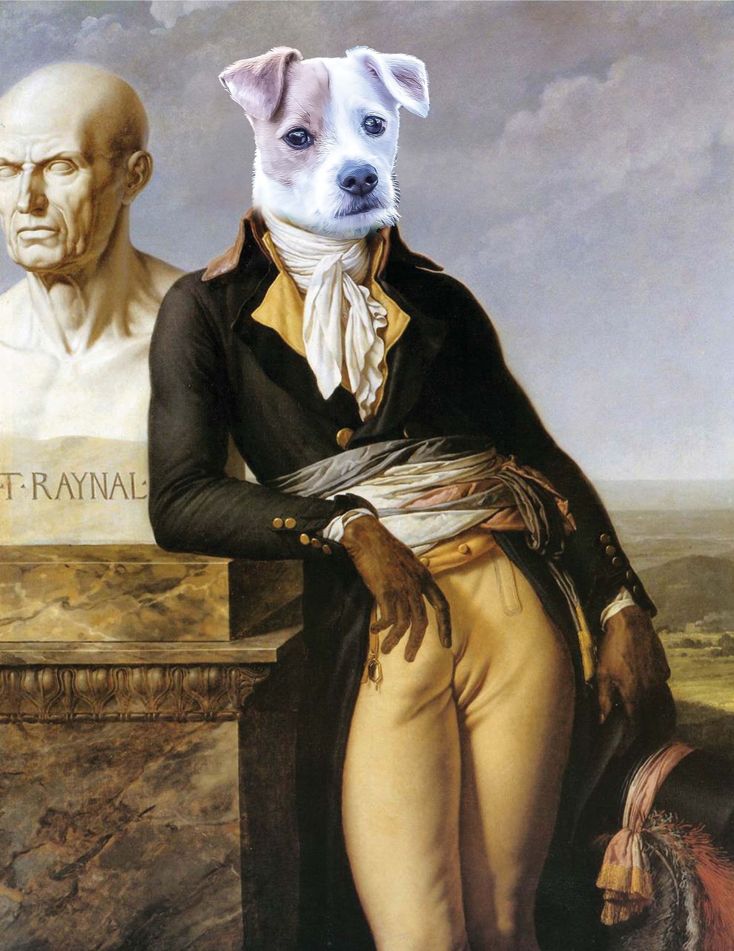 Custom pet portrait of a Jack Russell Terrier head digitally composited onto a 19th-century historical gentleman's body. OC photographer Anu