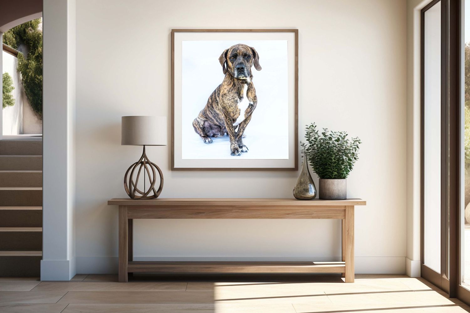 Large square wood-framed wall art of a brindle Mastiff mix dog hanging above a minimalist wooden console table in a sunlit hallway.