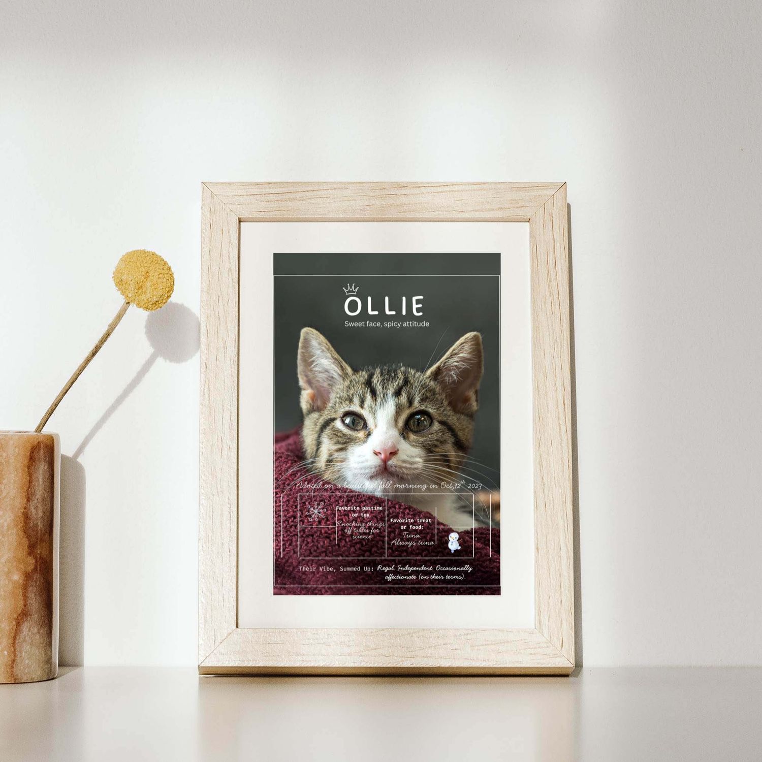 Light wood picture frame mockup on a white shelf featuring a 'Sweet face, spicy attitude' personalized cat adoption poster for a kitten name