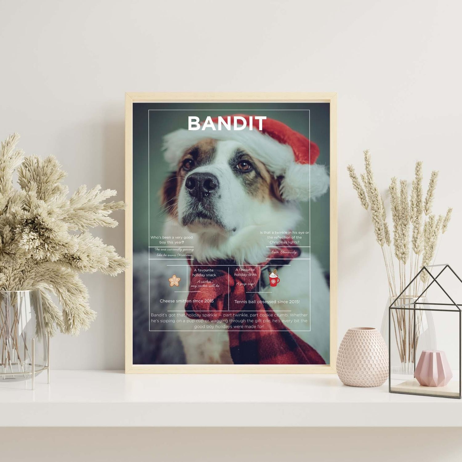 A framed holiday-themed pet infographic titled Bandit featuring a Akita breed dog wearing a Santa hat and red scarf on a white mantel.