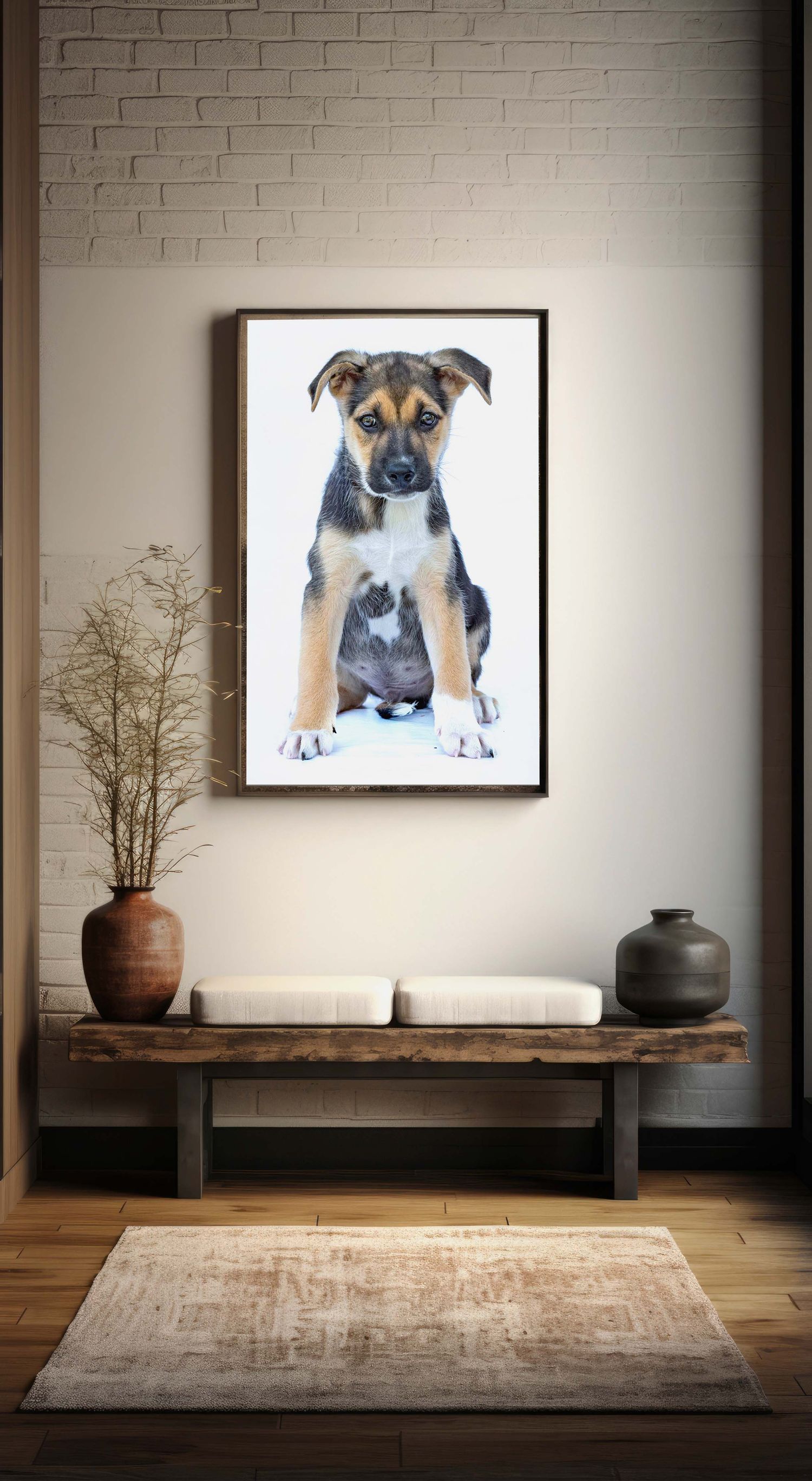 High-key studio portrait of a German Shepherd puppy on a white background, displayed in a framed wall art mockup over a rustic wooden bench.
