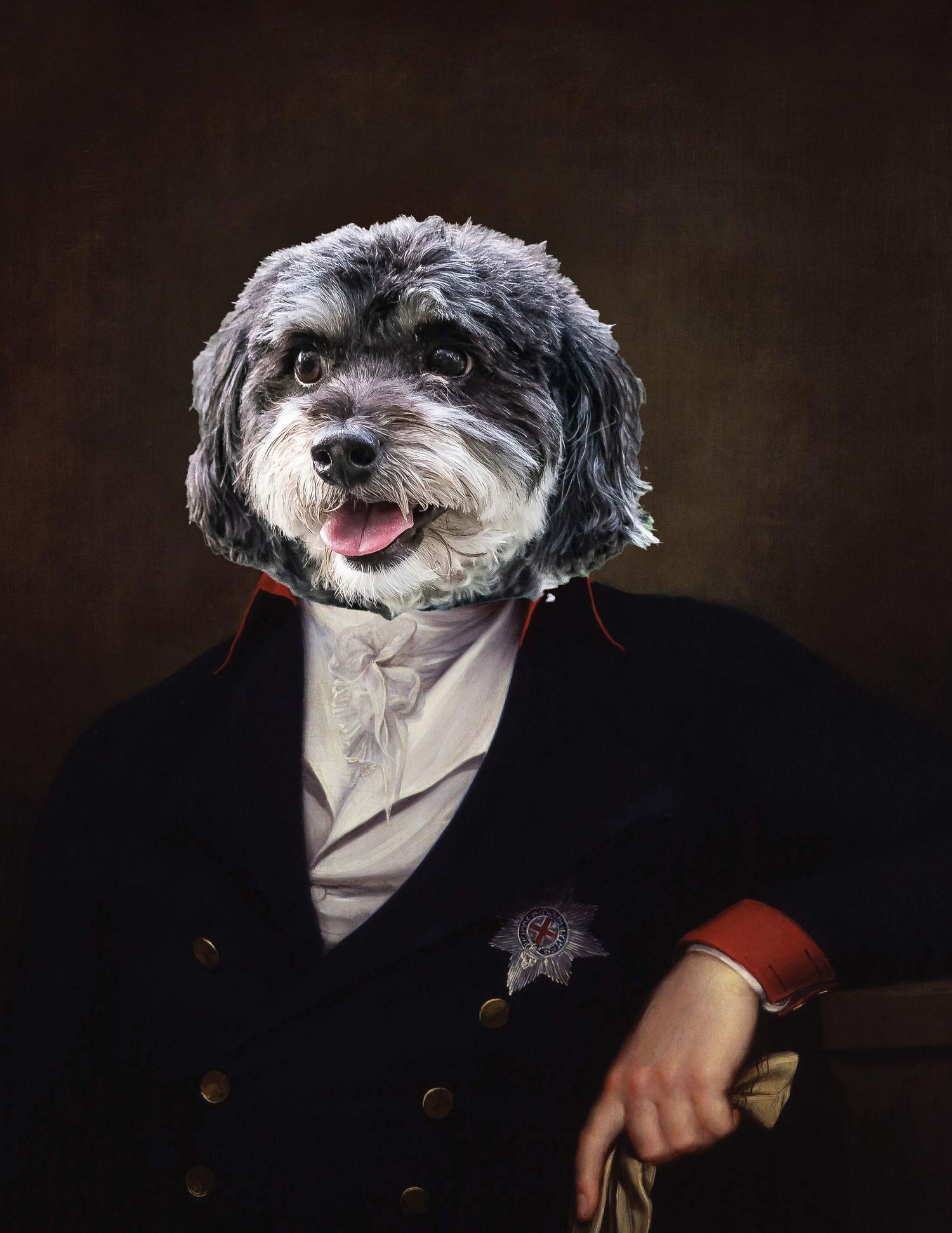 19th-century noble style portrait of a fluffy black and white dog wearing a formal cravat and military-style jacket, in a studio setting.