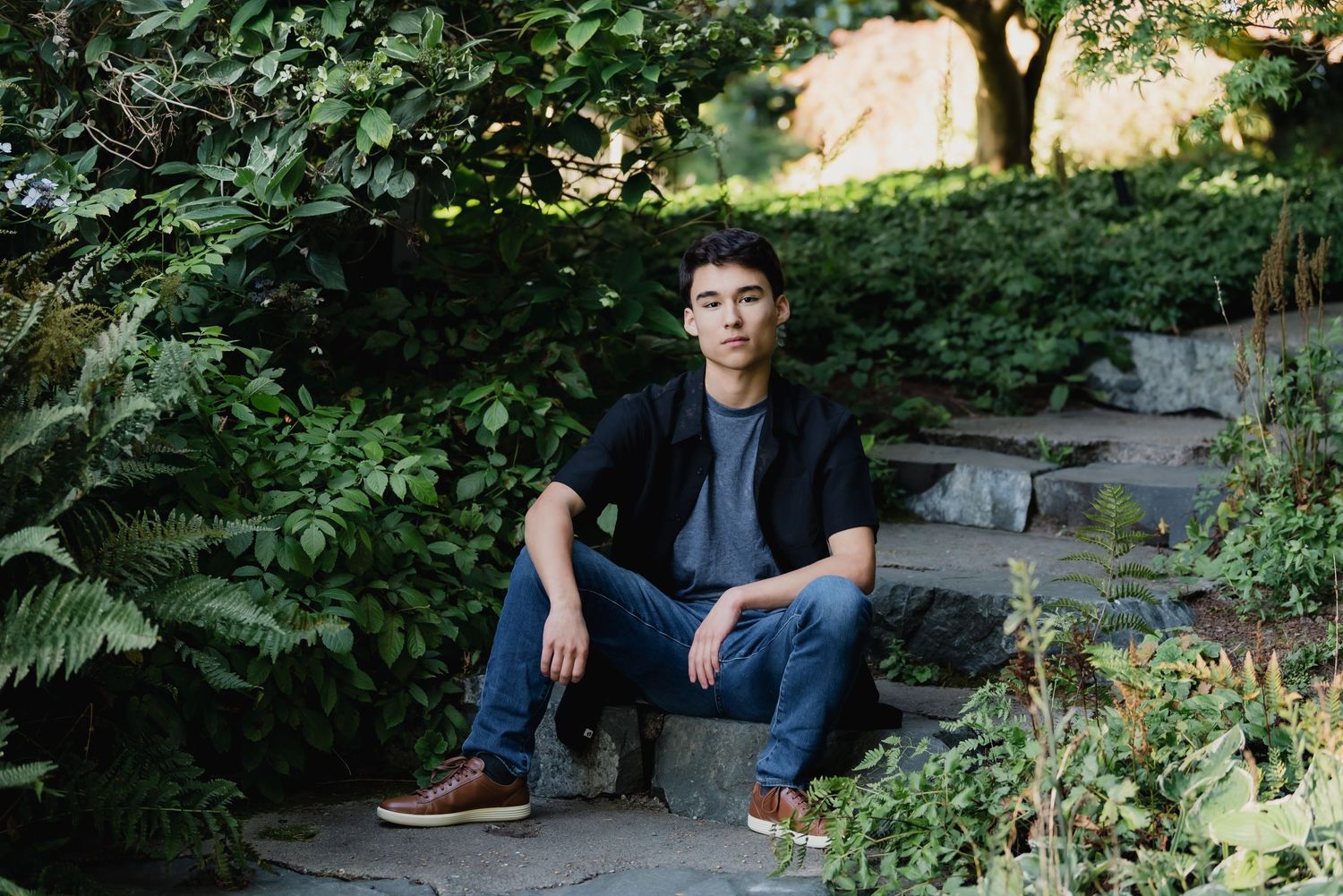 A series of outdoor portrait photographs taken in a lush green garden setting with natural lighting and foliage backdrop.
