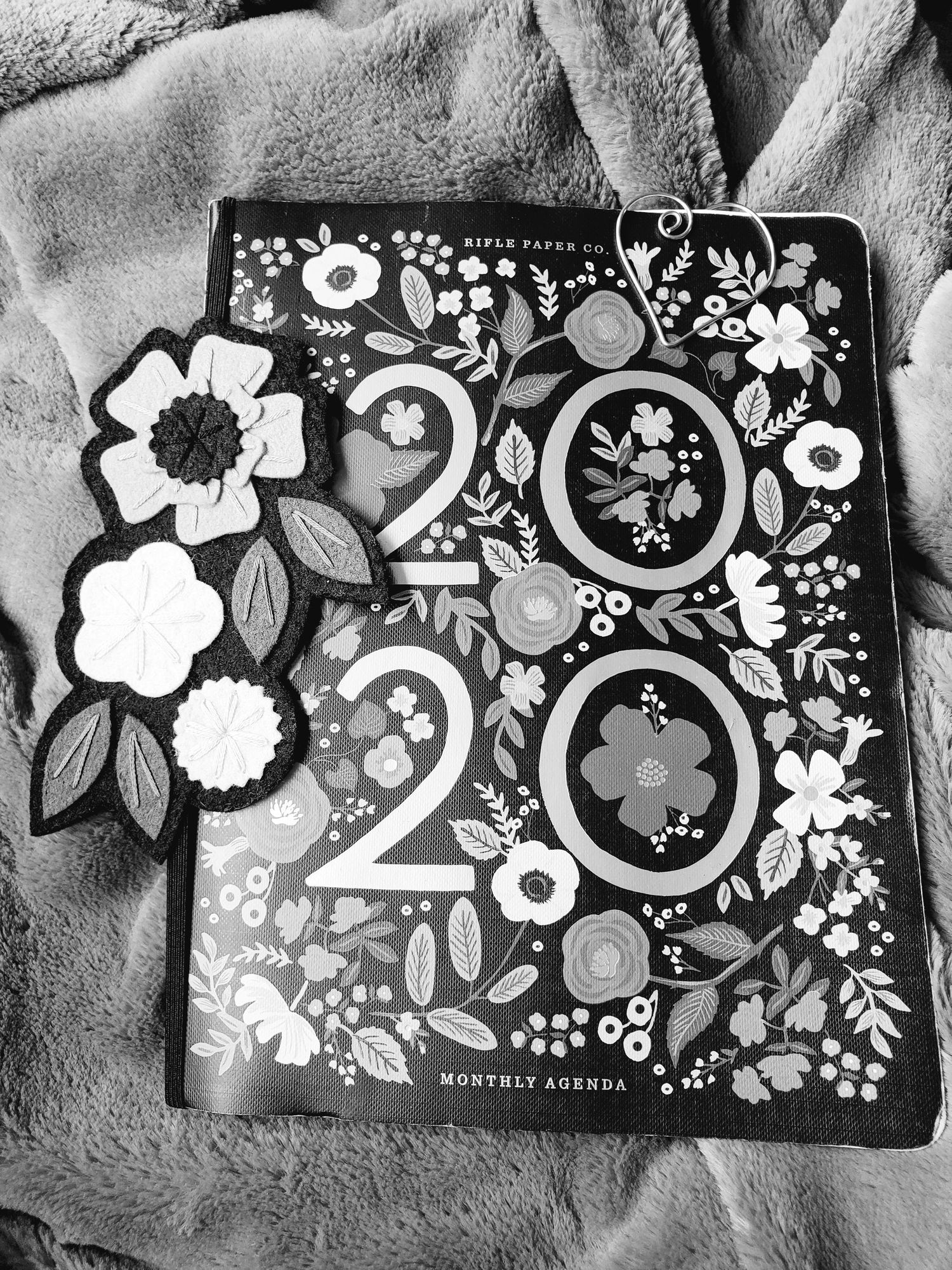 black and white photo of a 2020 Rifle Paper Co monthly planner