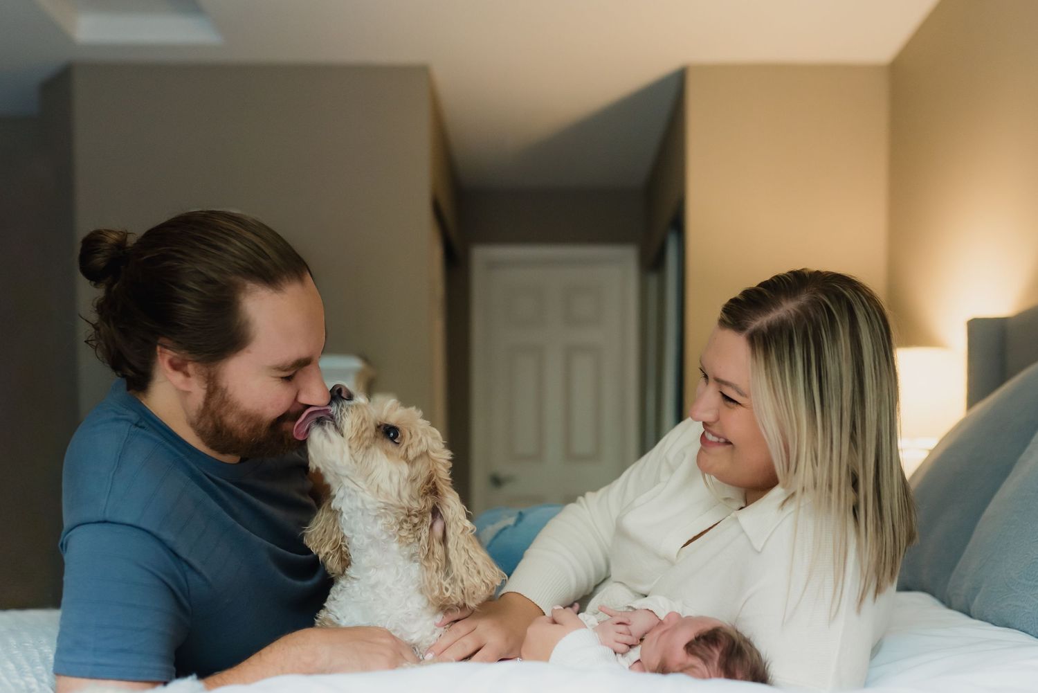 A series of connected photos showing a couple and their small white dog sharing tender moments at home.