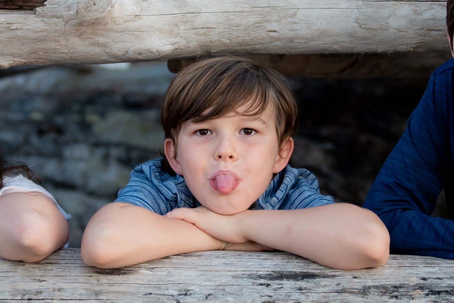 A creative photo series showing playful poses peeking through wooden slats in a rustic setting.
