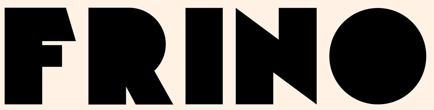 Bold black FRINO logo typography on a cream background with geometric sans-serif lettering.