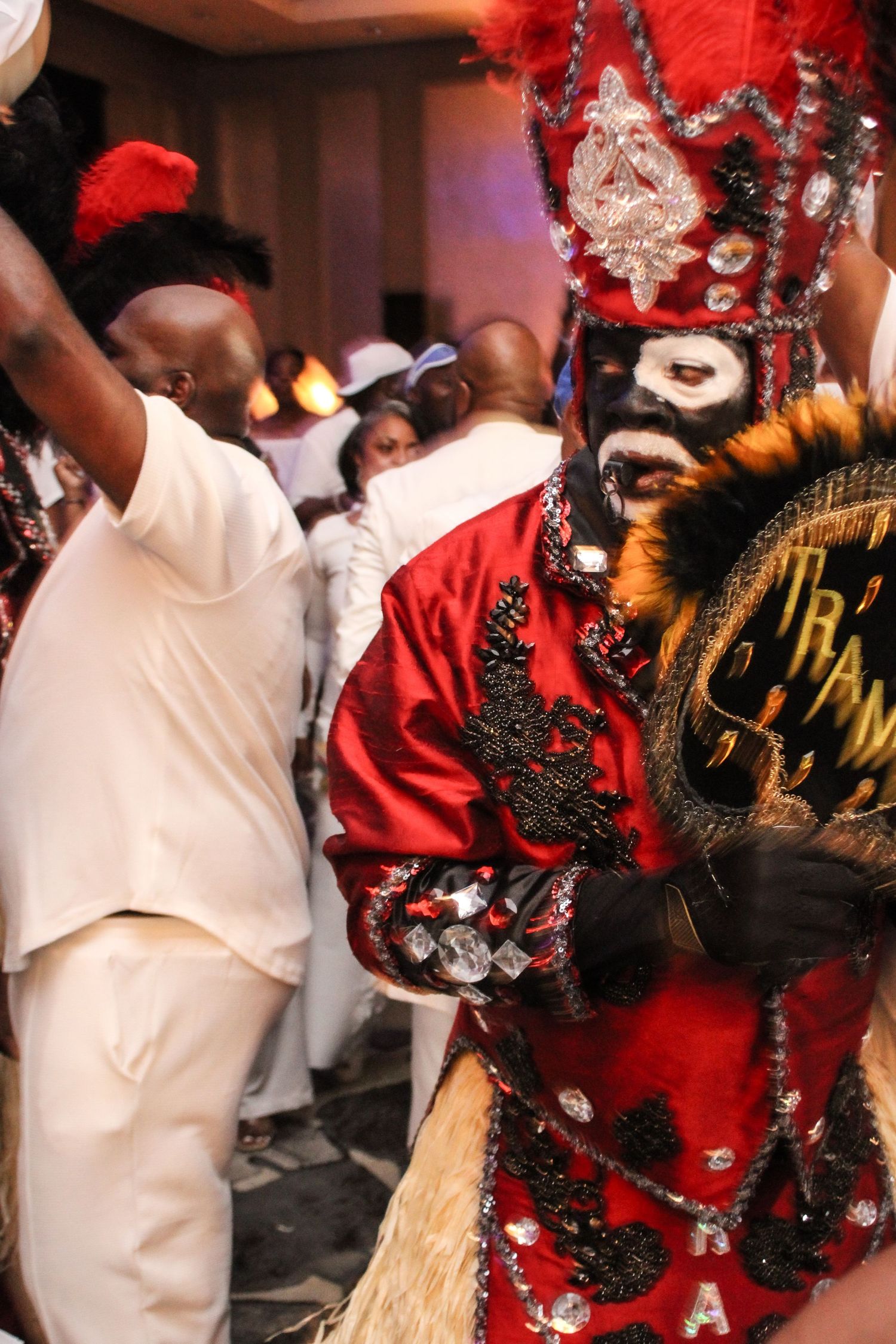 Colorful Mardi Gras performer in red sequined costume with black face paint and feathered headdress at festive celebration.