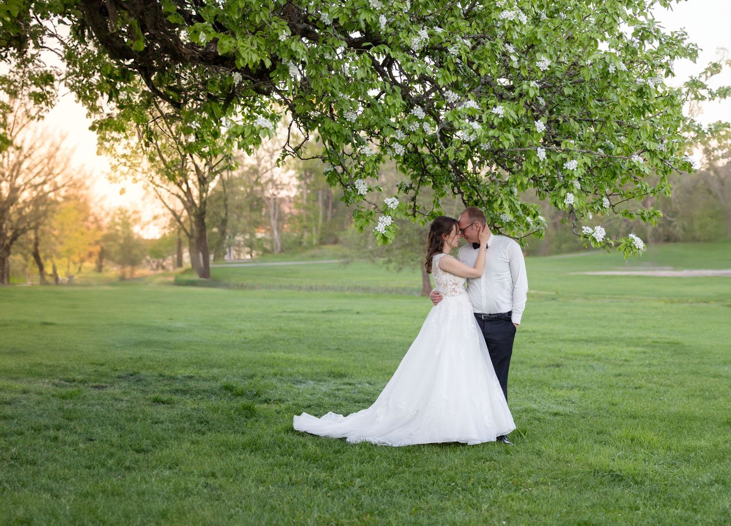 bröllopsfotografering under goldenhour vid Sundbygård Huddinge