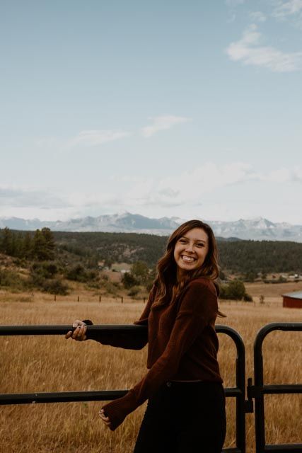 Person enjoying scenic mountain view from rustic fence in golden field during sunset.