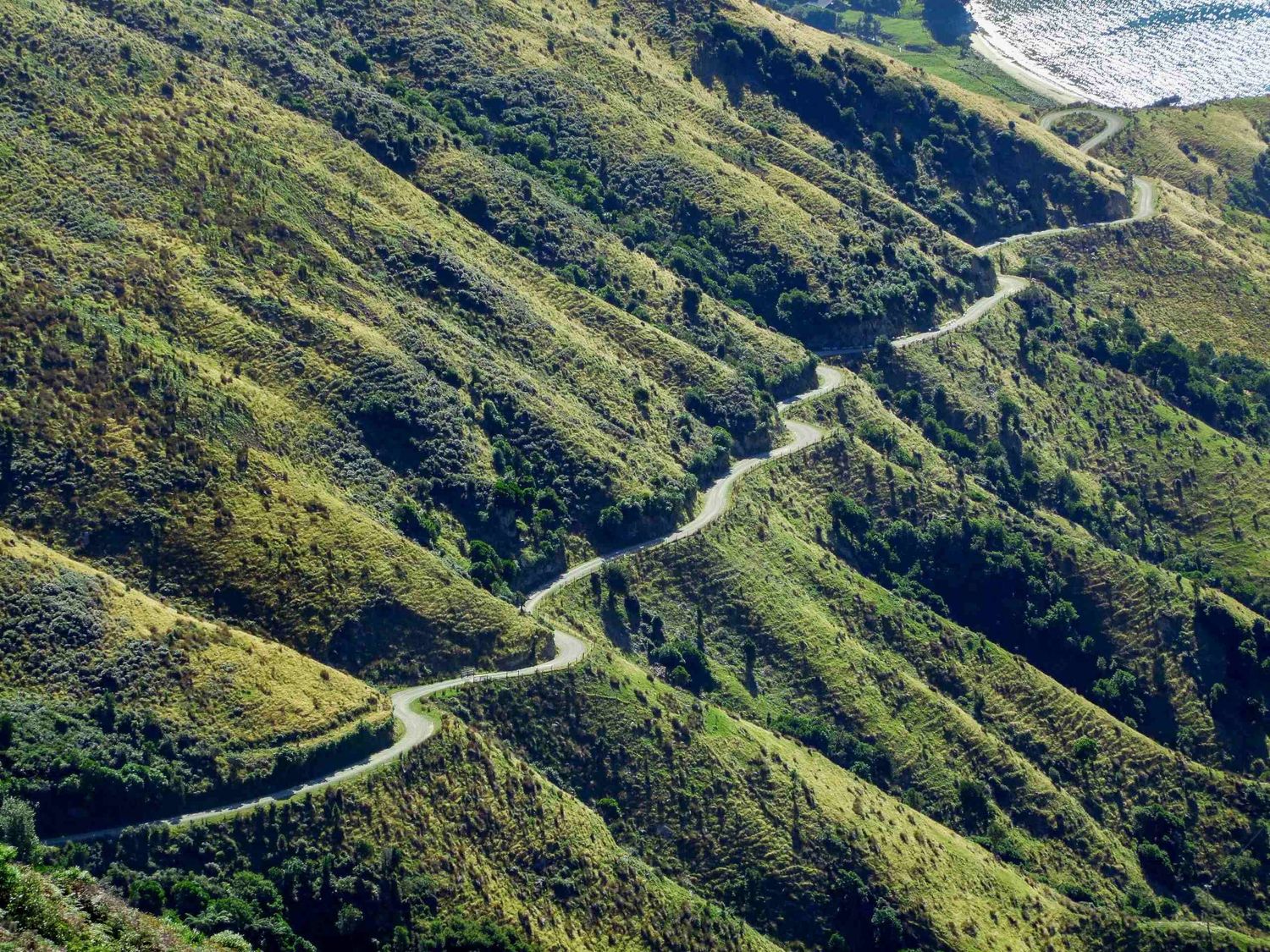 Photographie aérienne en Nouvelle-Zélande montrant une route sinueuse qui serpente à travers des collines vertes par Jérémie Botte.
