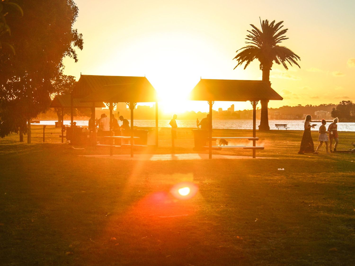 Coucher de soleil lumineux embrasant un parc au bord de l'eau avec des abris et un palmier par Jérémie Botte.