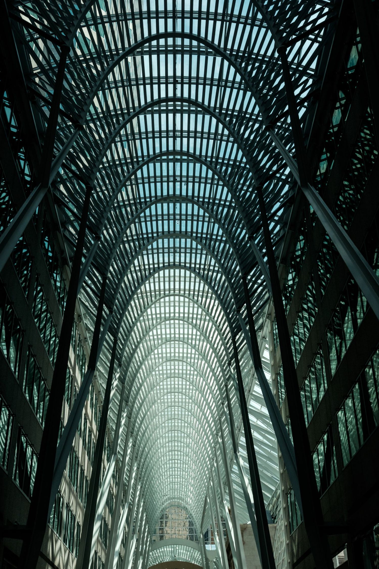 Photographie d'architecture montrant une immense verrière urbaine aux arches métalliques par Jérémie Botte.