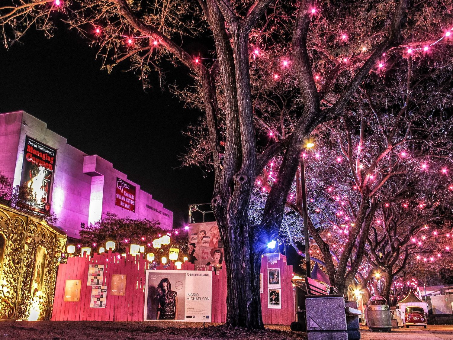 Ambiance festive nocturne avec de grands arbres illuminés de guirlandes roses par Jérémie Botte.