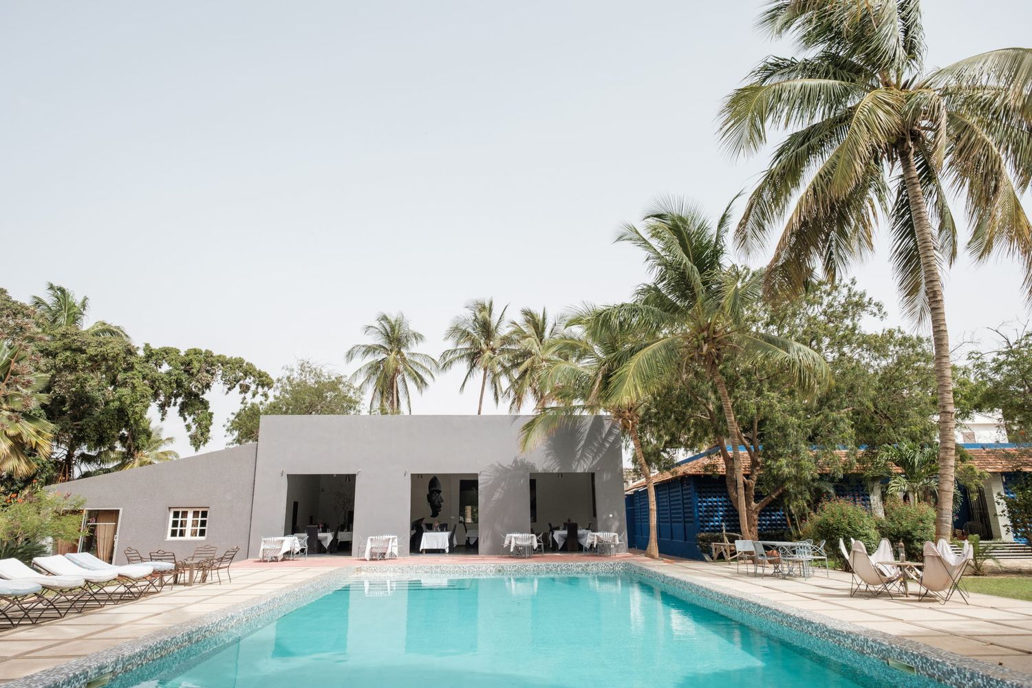 Piscine rectangulaire s'étirant vers la façade grise d'un bâtiment moderne entouré de palmiers, par Jérémie Botte.