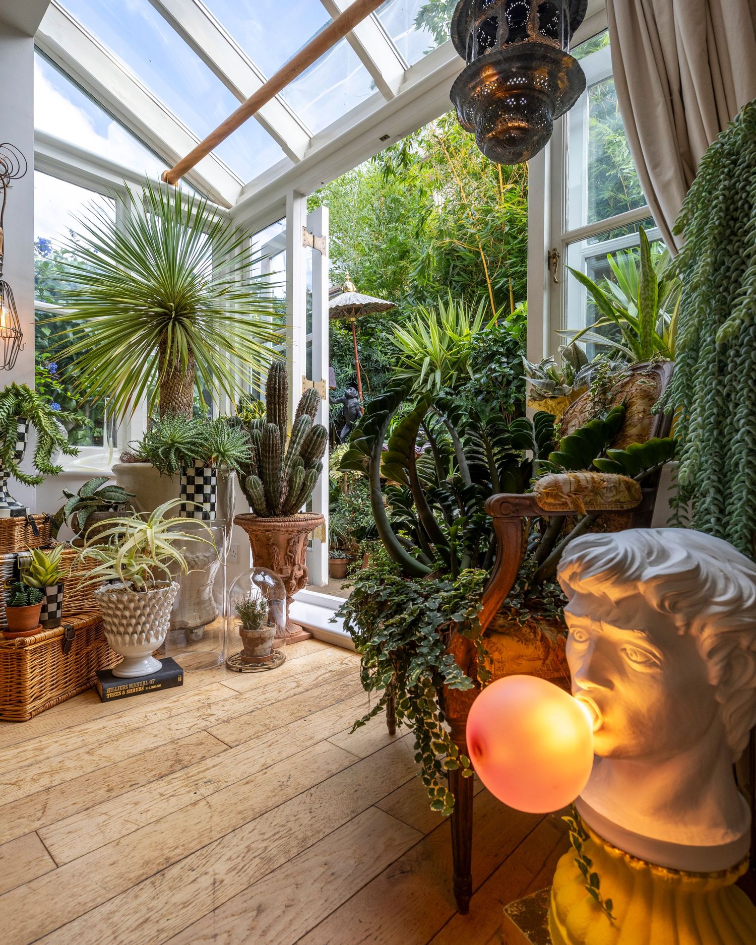 Conservatory interior filled with tropical plants and natural light, showcasing unique residential design and styling.