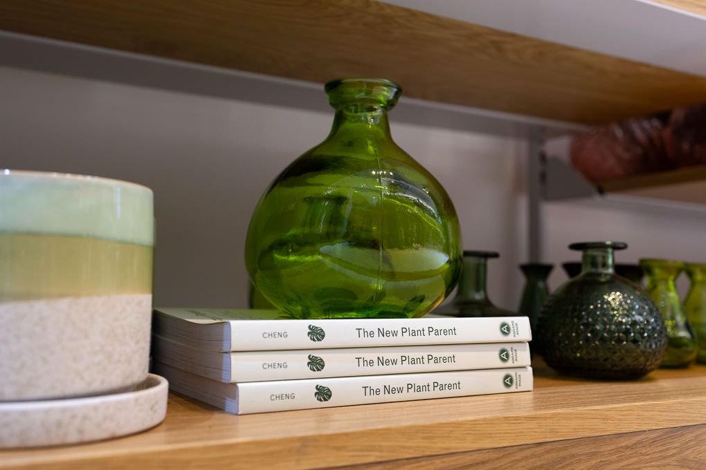Lifestyle retail photography of RHS Plant Space at Bluewater, featuring books and decorative products styled on wooden shelving.