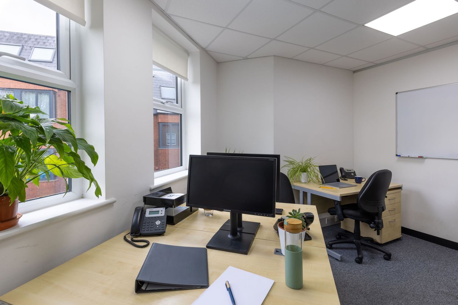 Bright office space with two desks, computer monitors, ergonomic chair, whiteboard, and green plants near large windows.