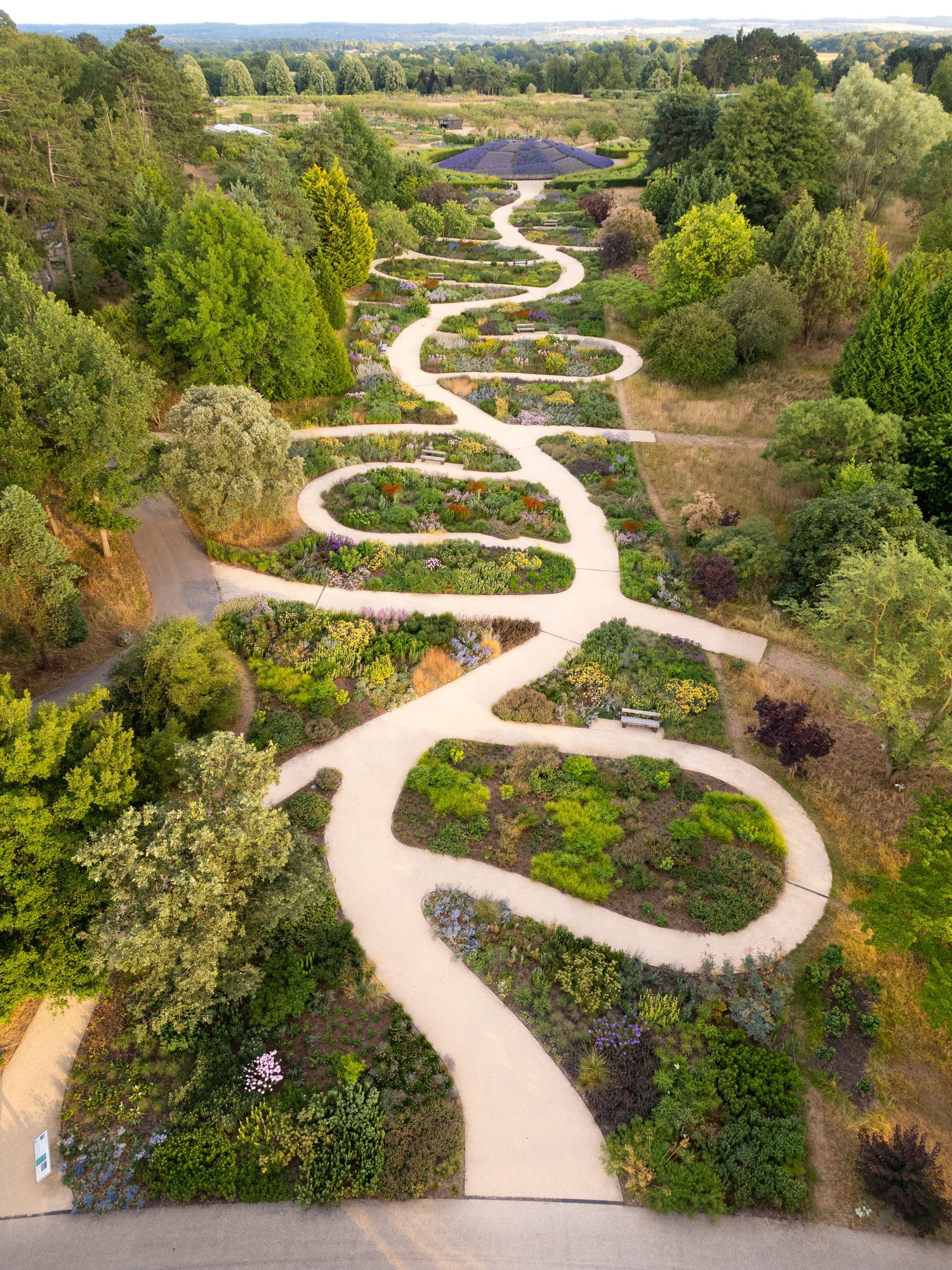 Aerial drone photograph of a landscaped garden featuring winding pathways, colourful flower borders and mature trees.