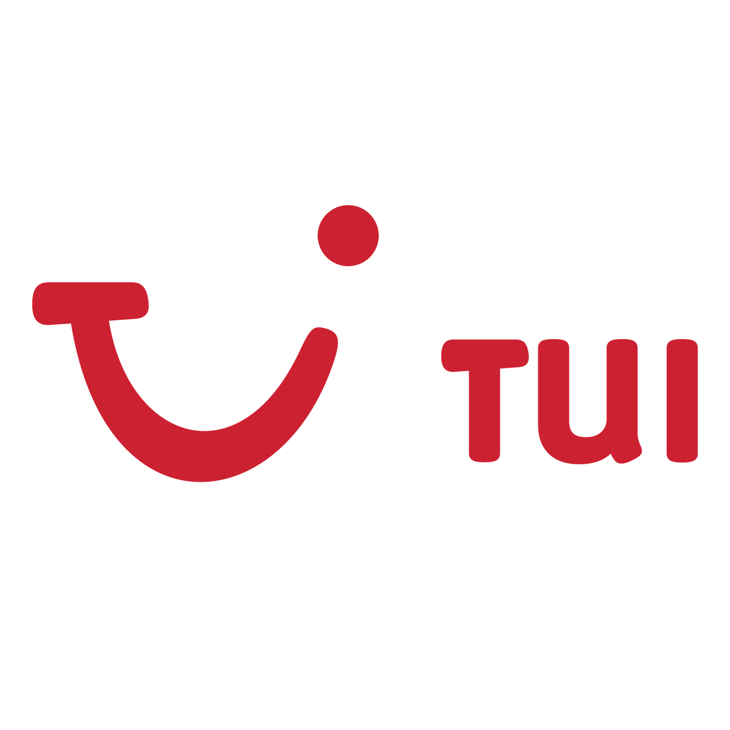 TUI travel company logo in red with iconic smile symbol.