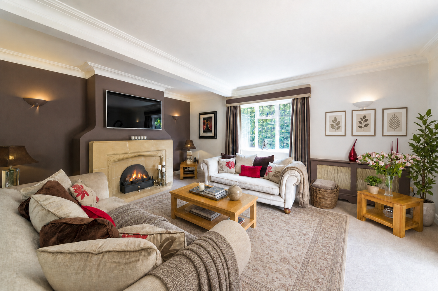 Elegant living room with stone fireplace, TV above mantel, cream sofas, wooden coffee table, and large window with garden views.