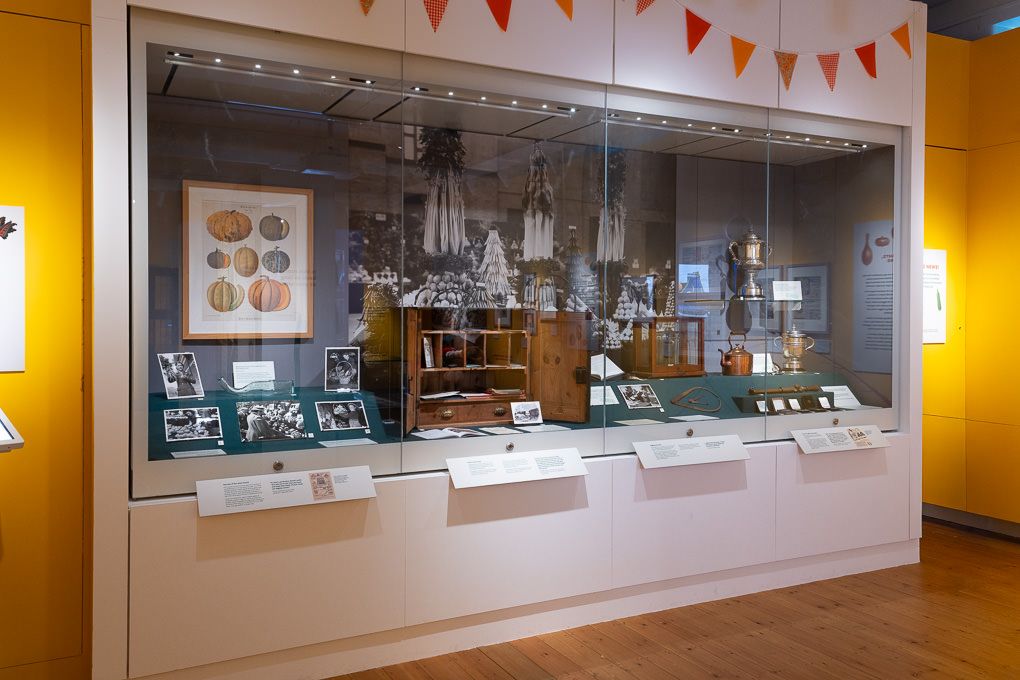 Museum display case with historical artefacts and memorabilia, decorated with red bunting above at RHS Wisley.