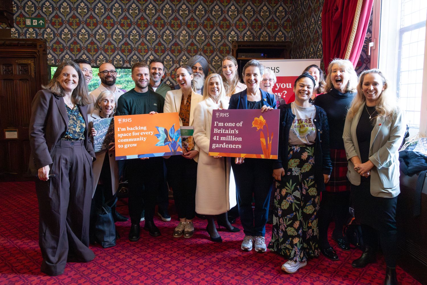A group shot of everyone involved with the RHS State of Gardening Report conference at the Houses of Parliament.