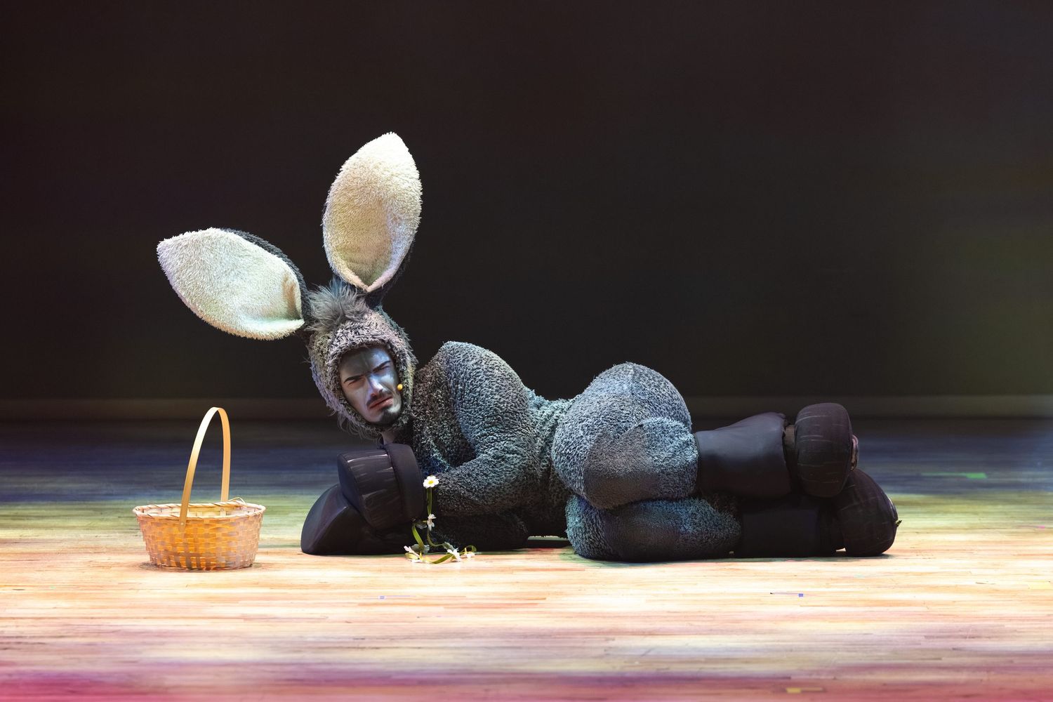 Donkey character lying on stage beside a wicker basket during theatre photography at Castle Theatre Wellingborough