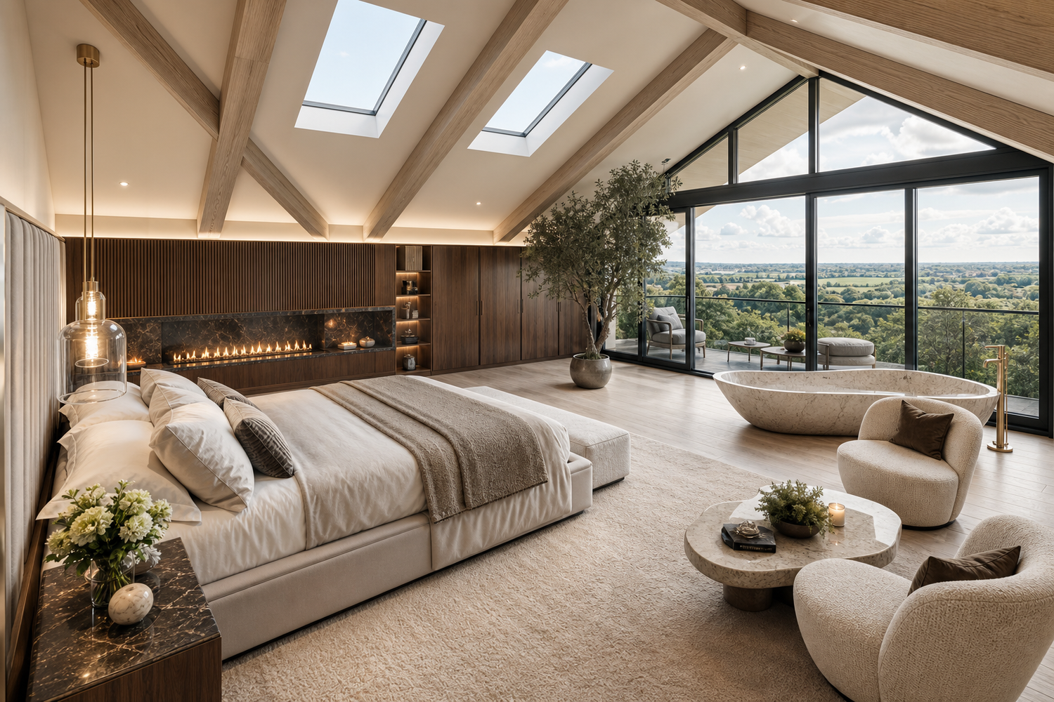 Deliberately exaggerated AI renovation of a St Albans bedroom, transformed into a luxury suite with a balcony and countryside view.