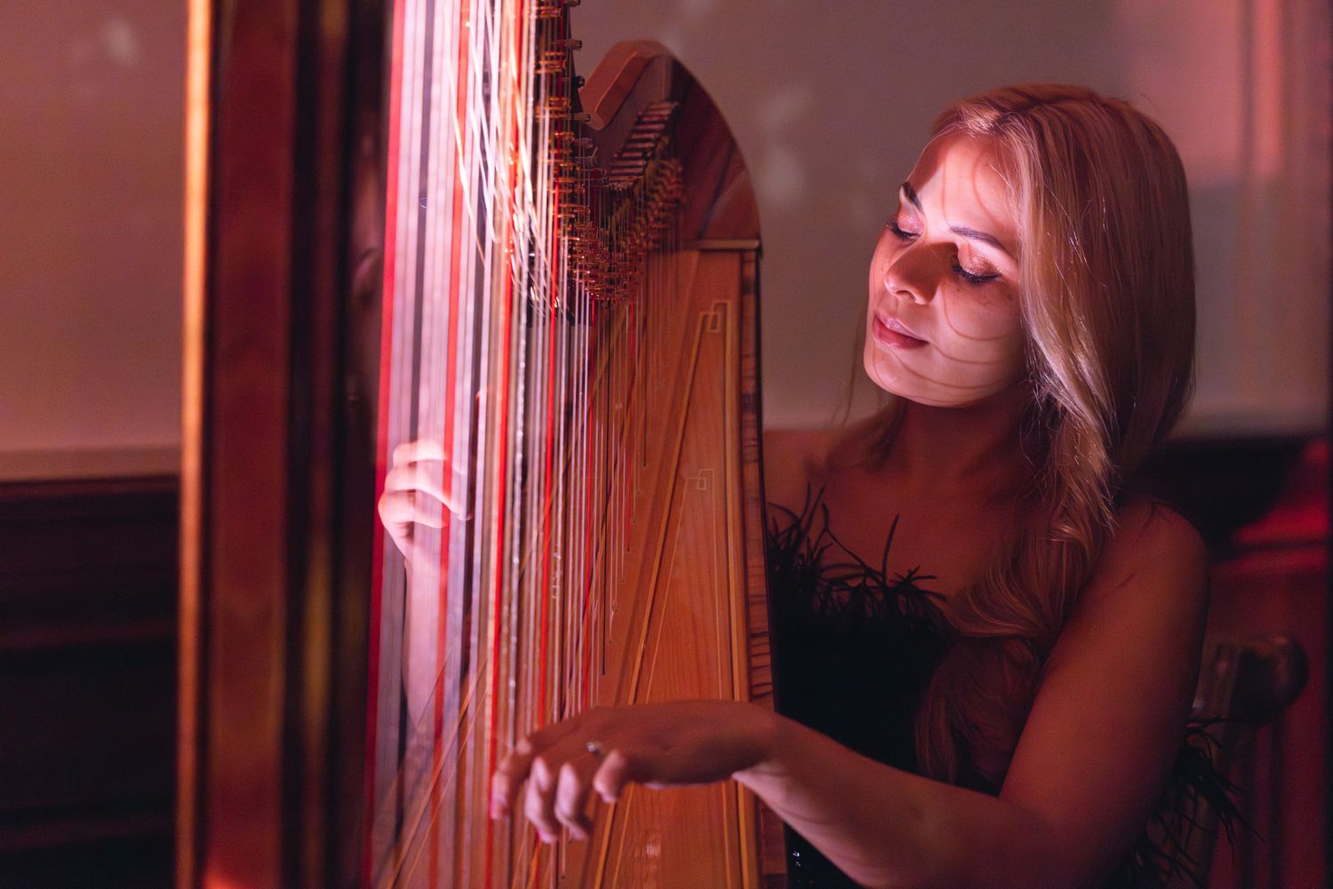 A harpist in a black dress plays a classical harp in soft pink lighting.