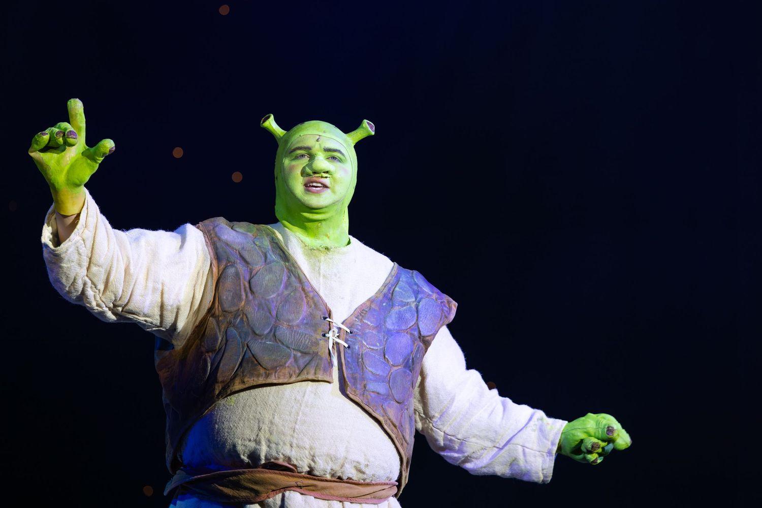 Performer as Shrek in green costume and makeup raises a hand dramatically on stage during Shrek The Musical in Wellingborough