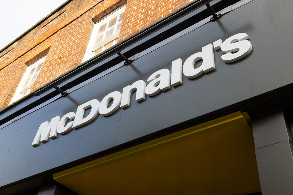 McDonald’s restaurant exterior signage at the Rickmansworth opening, photographed for press and PR use with illuminated Golden Arches.