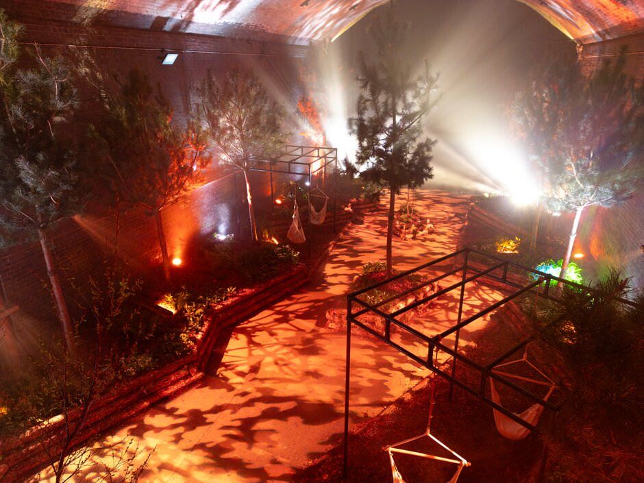 Dramatic lighting illuminates a garden path at night with red and white spotlights creating ethereal shadows and patterns.