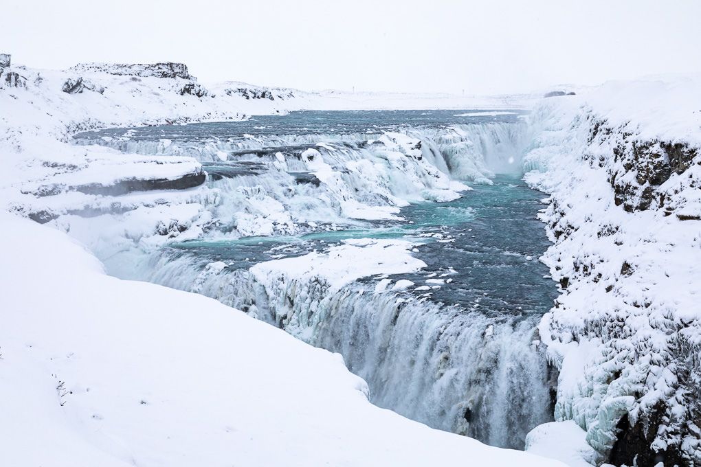 A panoramic winter view of Gulfoss waterfall in Iceland.