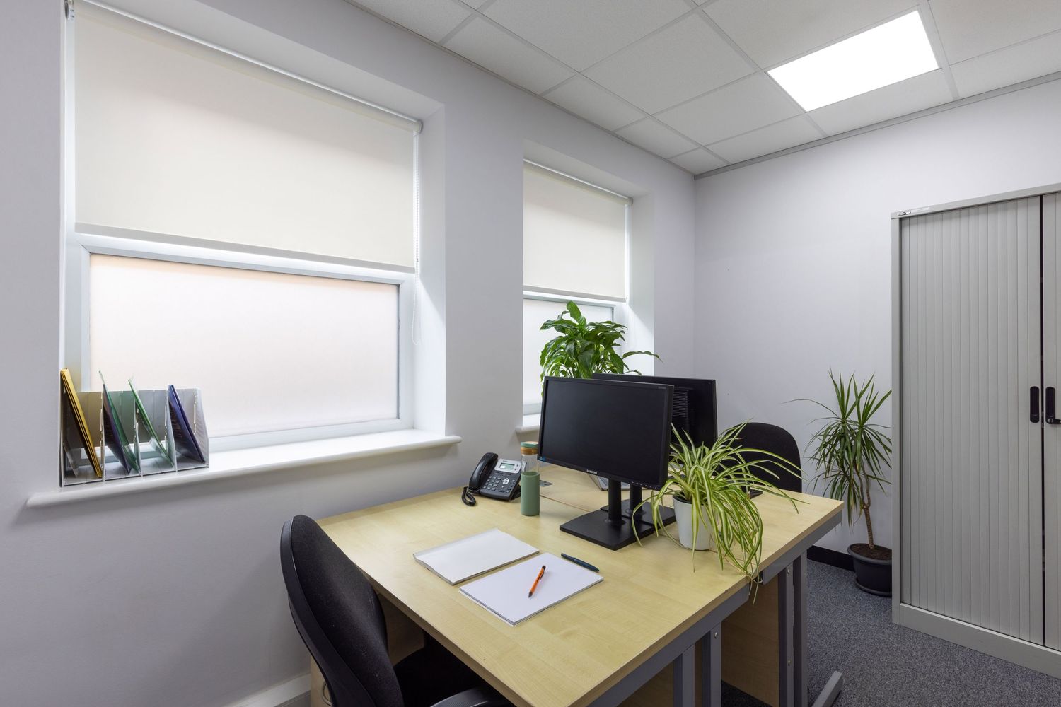 Modern small office with wooden desk, computer monitor, phone, and green plants near white roller blind windows.