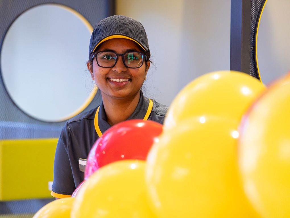 McDonald’s restaurant opening decorations with yellow and red balloons inside the Rickmansworth location, photographed for PR use.