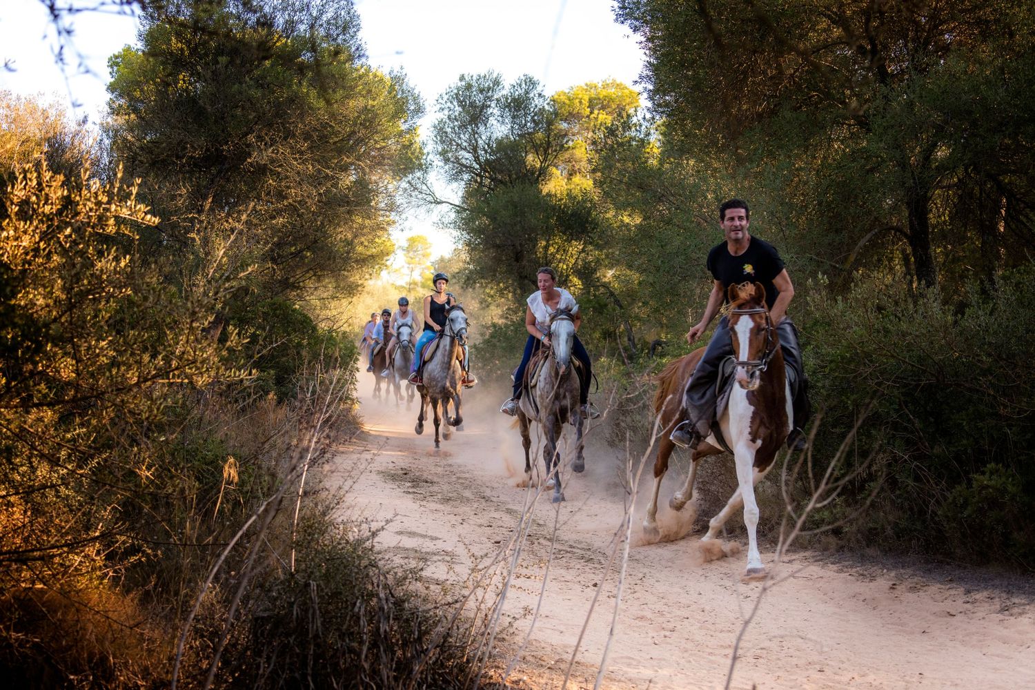Group of riders on horseback traveling single file along a sandy forest trail surrounded by green trees and shrubs on a guided horse trek.