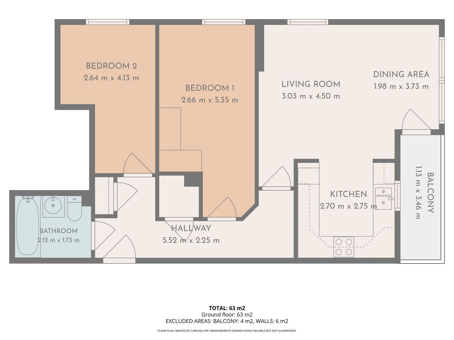 Professional floor plan of a two-bedroom apartment showing room layout, dimensions and property flow for marketing.