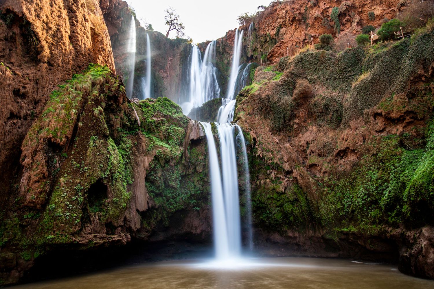 Majestic Ouzoud waterfalls cascading down moss-covered red rock cliffs in Morocco into a misty pool.