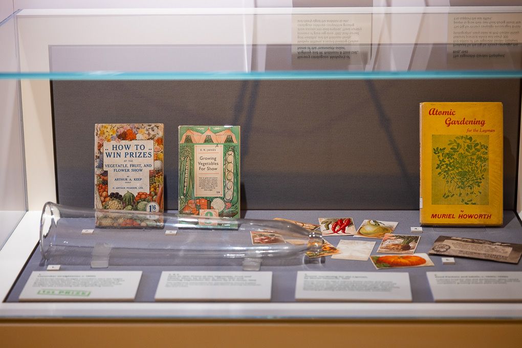 RHS Wisley display of vintage children’s books and collectables arranged in a glass museum showcase.